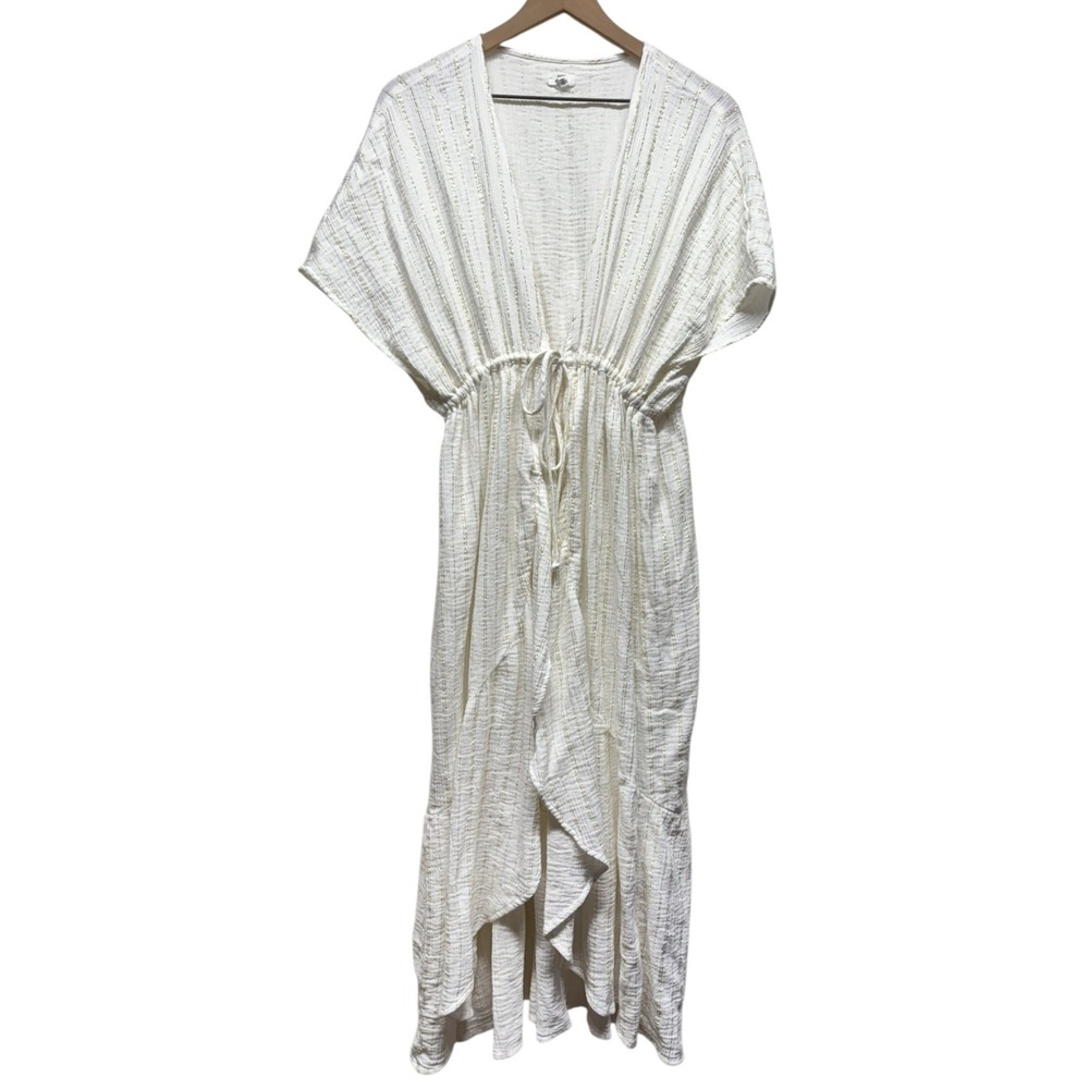 Aerie White Gold‎ Stripe Relaxed Maxi Beach Robe Sz M Cover Wrap Boho Coastal